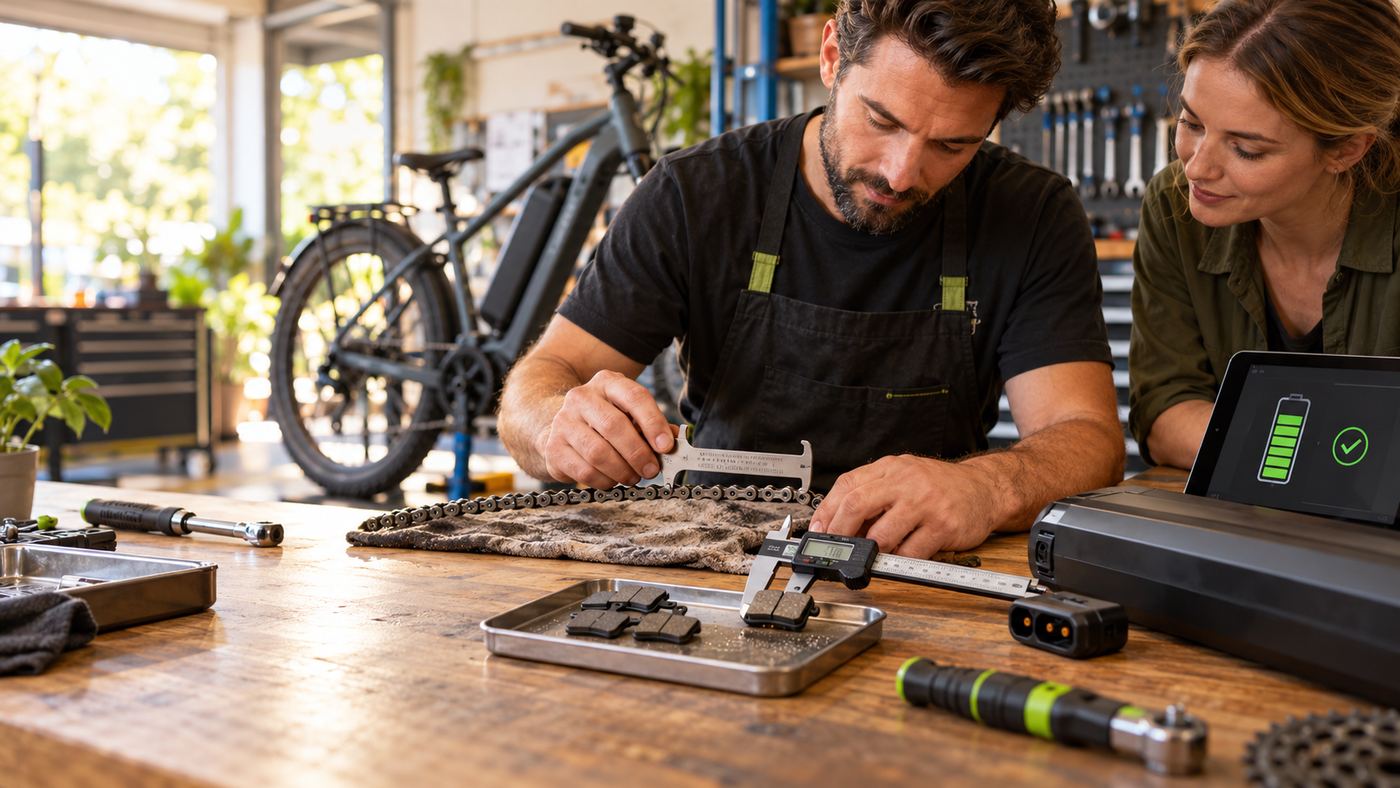 A mechanic measuring chain wear and brake pads beside an e-bike battery, with a customer watching